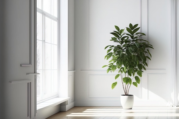 With a green house plant in a white empty room Scandinavian style in decorating