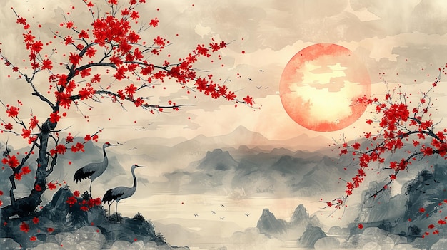 Photo with a hand drawn chinese cloud with a japanese pattern modern oriental branch of flowers decoration with vintage style banners or flyers crane birds with a watercolor texture painting