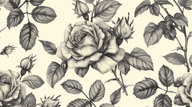 With hand drawn roses this seamless floral pattern is vintage in style