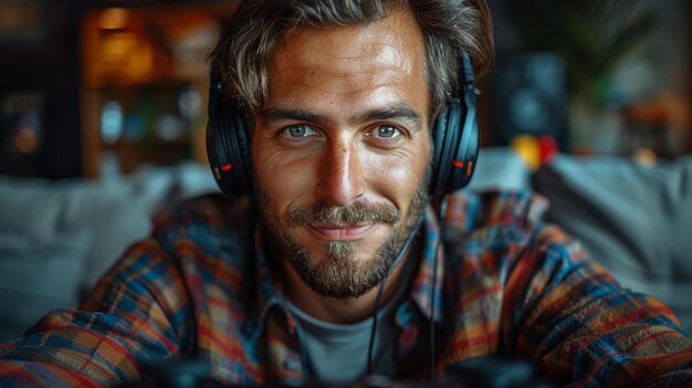 With headphones on and a joystick a joyful man is playing with headphones