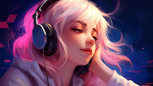 With her eyes closed and headphones on an anime girl becomes one with the music