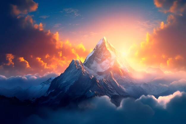 With huge mountains rising above the clouds and illuminated by the rays of the sun