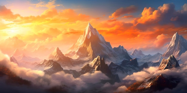 With huge mountains rising above the clouds and illuminated by the rays of the sun