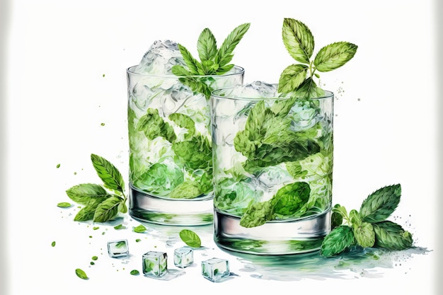 With ice and mint two Mojitos make a delightful summer beverage