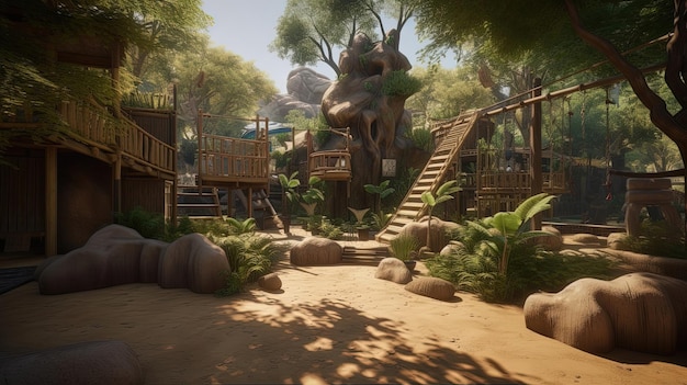 With its ropes bridges and tunnels the junglethemed playground invites children to test their skills and courage as they navigate through a jungle of makebelieve Generated by AI