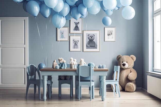 С детским столом и стульями, мягкими игрушками и воздушными шарами в голубом интерьере с горизонтальным макетом рамы