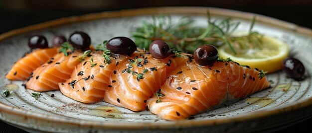 Photo with lemon and olive oil salted salmon slices are served