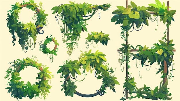 Photo with long branches and circular frames this cartoon modern illustration set of game ui borders depicts tropical climbing plants