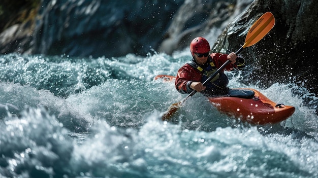 With a look of intense focus on their face the kayaker plunges over a steep drop white water