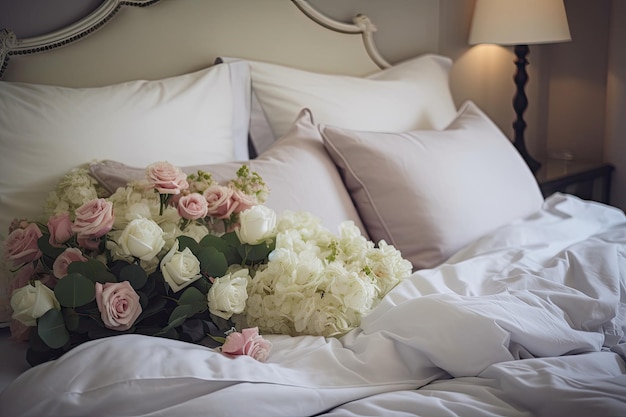 with luxurious pastel flowers and silky sheets on bed created with generative ai