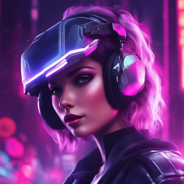 With neon light background a fictional punk girl with smart gadgets