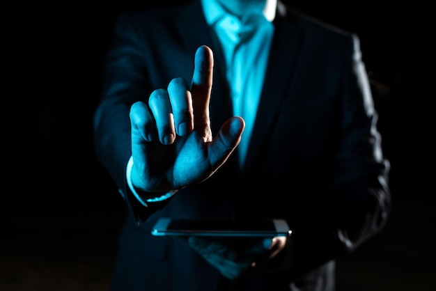 With One Finger Pointing Important Infortmations With Other Hand Holding Tablet Businessman Showing Recent Updates Executive Displaying Critical Messages