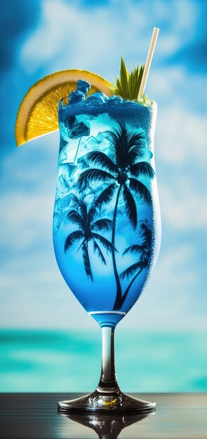 Foto con le palme e il cielo blu come sfondo questo miscuglio blu è la bevanda estiva perfetta