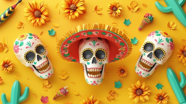 Photo with papel picado 3d sugar skulls marigolds sombreros cacti and maracas are displayed on a yellow background