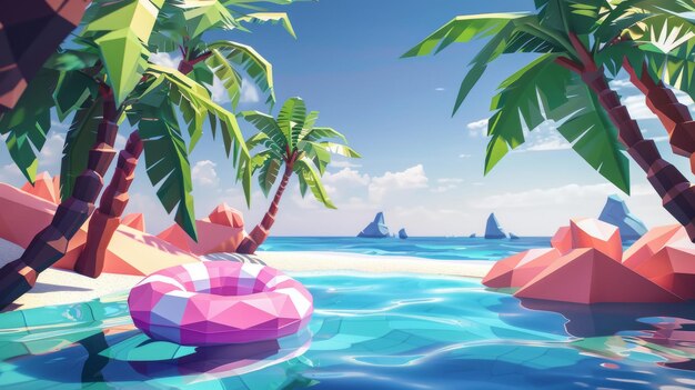 With paper cut tropical trees and polygon inflatable swimming ring this is a beautiful beach scene