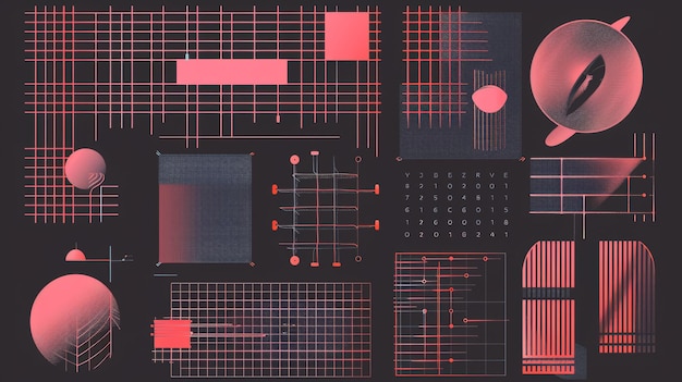 Photo with pink grid abstract geometric elements and typography on dark grey background this poster is designed in the style of a 2000s poster complete with simple wireframe shapes and a pink grid