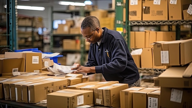 Photo with precision and efficiency a skilled postal worker swiftly sorts a stream of letters and packages arranging them into neat compartments generated by ai