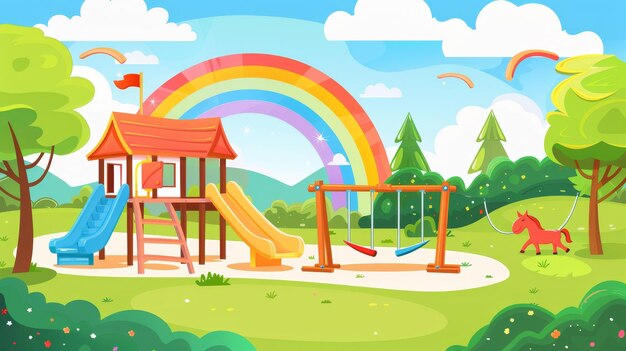 Photo with rainbow cartoon modern background this playground is perfect for children of all ages it features a slide swing sandbox horse and seesaw in addition to a fantasy children39s playhouse