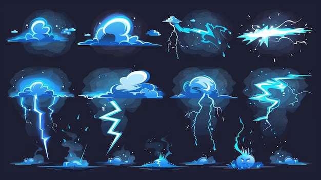 Photo with ray and smoke clouds for game design lightning hits ground or floor with burst vfx effect cartoon modern illustration set with thunder bolts and blue energy lights
