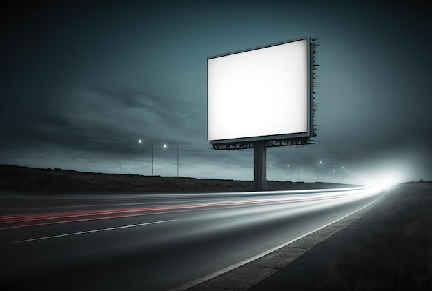 With rush hour traffic light trails a white blank billboard is situated next to the road