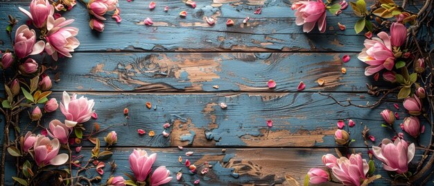 Photo with a rustic wood background and photo frames with roses and hortensia flowers there are pink magnolia blossoms and roses