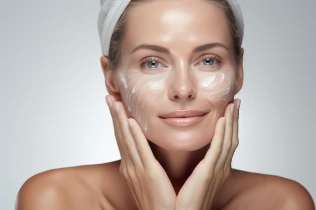 With a serene expression an elderly woman wearing face cream underscores the importance of maintaining skin health with age