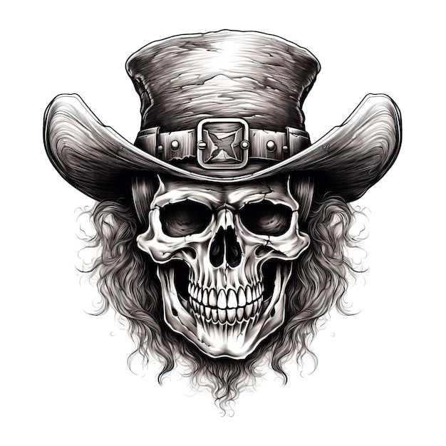 with skull in hat and crossed bones isolated on white background in the style of cowboy imagery
