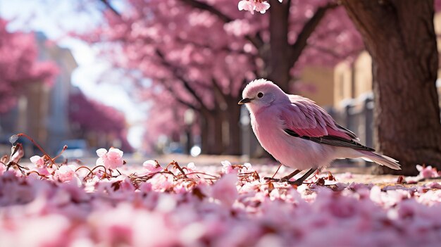 Photo with the sky in the background of spring and cherry trees in full bloom along a treelined avenue birds are enjoying nectar from pollen