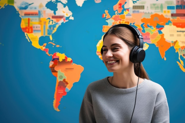 Foto con un sorriso una giovane signora con le cuffie si siede accanto a una mappa del mondo tema di esplorazione dell'apprendimento delle lingue