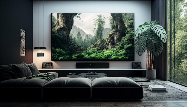 소파와 벽면의 거대한 TV 화면으로 Generative AI는 현대적인 거실 공간을 만들었습니다.