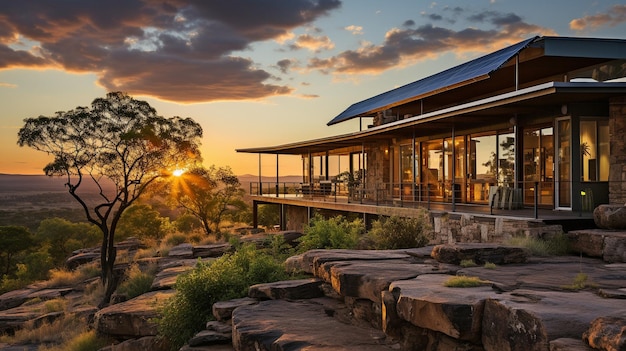 With solar panels on the roof and the last of the sunshine shining over the area there is a homestead atop a hill