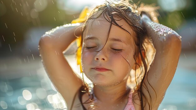 С космическим портретом маленькой девочки, задыхающейся от солнечного тепла для текста или продукта и видения дневного света Генеративный ИИ