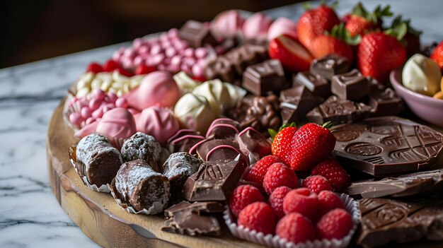 With sweets strawberries chocolate and cookies a charcuterie board for Valentines Day