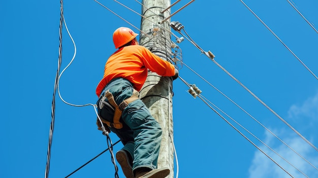 Photo with unwavering determination he maintains power lines aloft