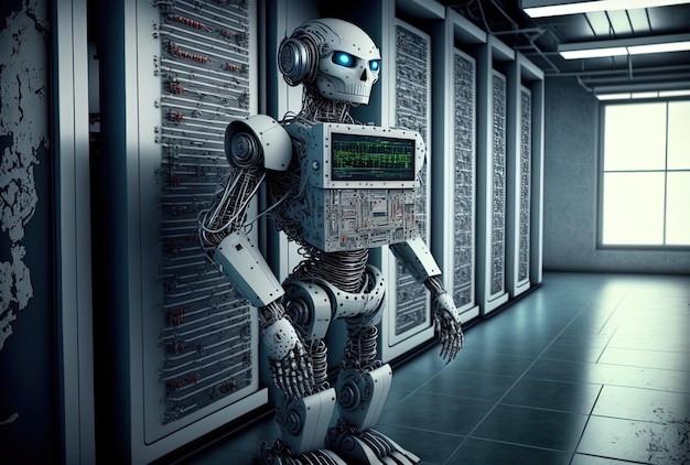 With a visual display a charming robot or artificial intelligence is in the server room