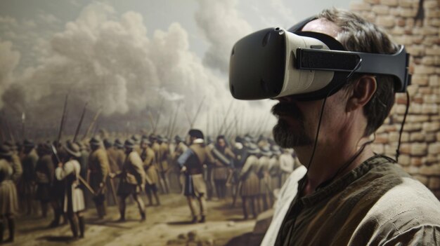 Foto con un auricolare vr puntato sulla testa, uno storico si trova in una simulazione virtuale di una scena di battaglia di