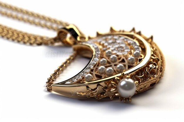 With a white background and a pearl necklace a golden crescent moon pendant is displayed