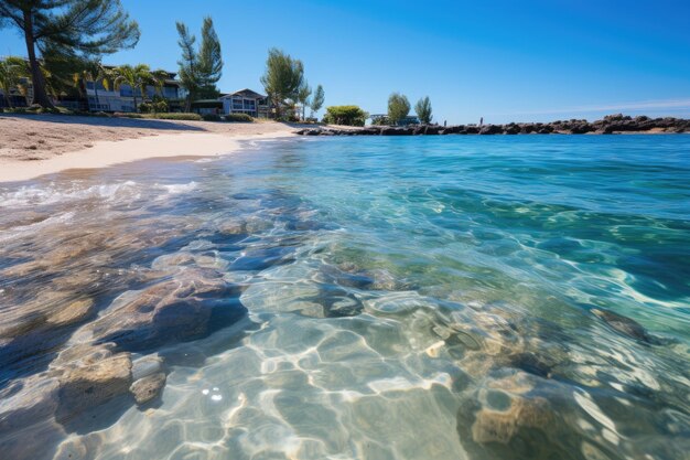 С кокосовыми пальмами с белым песком и чистой водой солнечный пляж в раю Изображение тропического пляжа