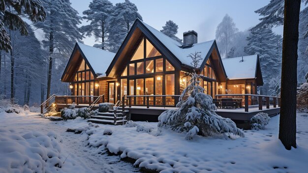 with the wintertime the luxurious cottage's contemporary facade is completely covered with snow