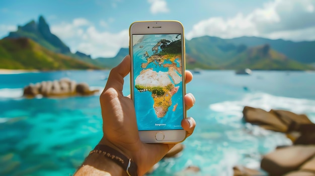 Photo with the world in your hand plan your next adventure with just a touch of a button