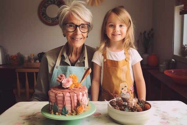 Foto witharige grootmoeder en zesjarige kleindochter poseren voor de camera en laten de desserts zien die ze hebben voorbereid voor het feest.