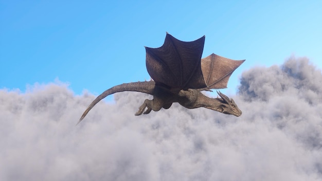 Witharige vrouwelijke krijger ridder vliegt op een draak boven de wolkenFantasie kunstwerk scène CGI animatie 3D-rendering