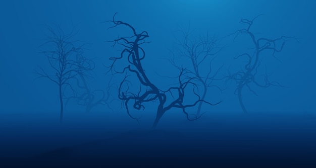 Withered dead crooked tree in Surreal blue smoke fog