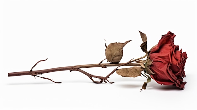 Withered dry red rose flower isolated on white background