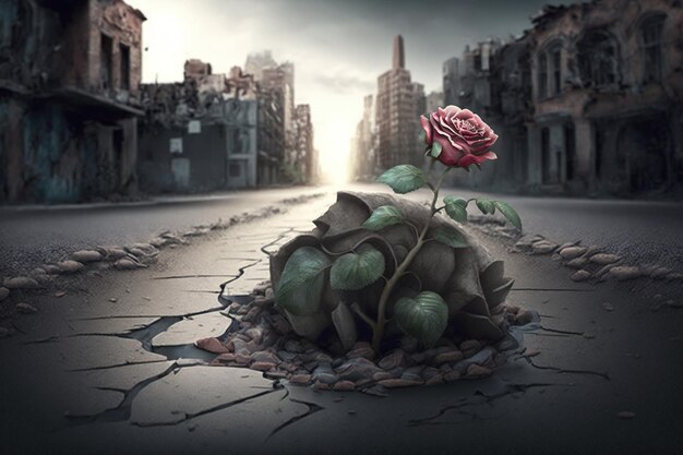 Withered dying rose lie ruined destroyed city War buildings tragedy