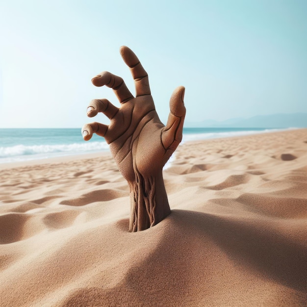 A withered human hand sticking out of the sand