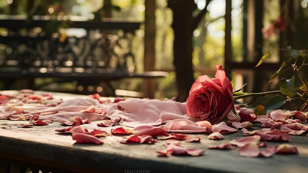 Photo withered pink flower with its petals falling on a wooden table in the garden copyspace