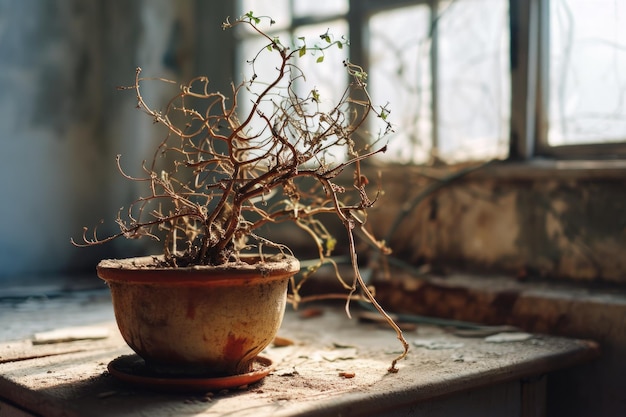 捨てられた鉢の中の枯れた植物は評価されない世話と注意の結果を表しています