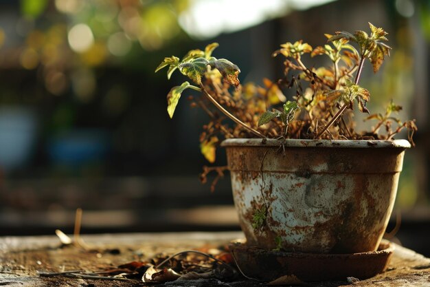 捨てられた鉢の中の枯れた植物は評価されない世話と注意の結果を表しています