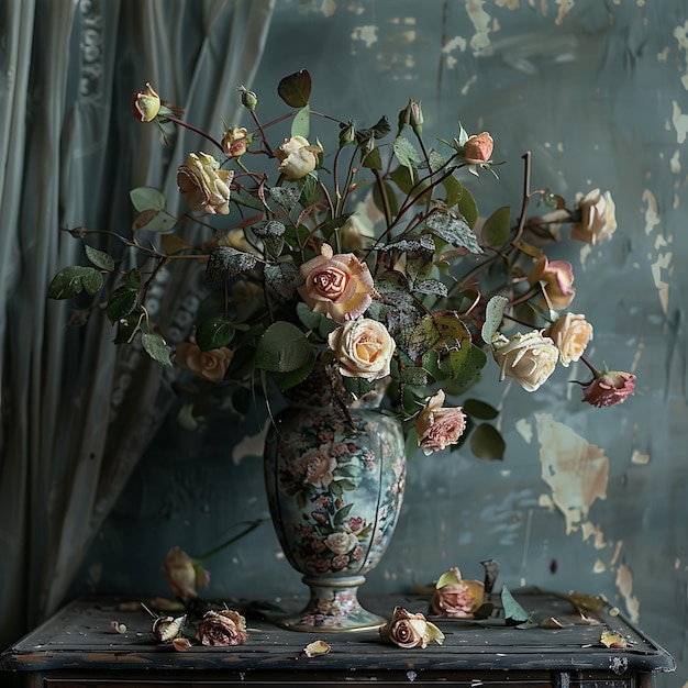withered roses in vintage vase